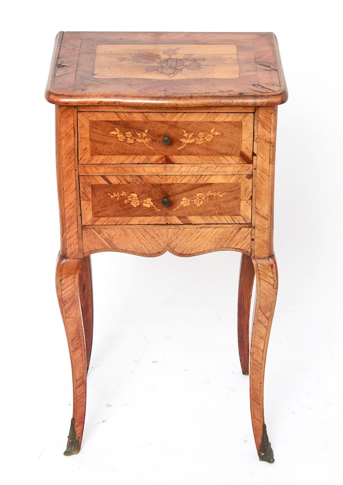 Appraisal: Continental Marquetry Two Drawer Side Table Stand Continental marquetry two