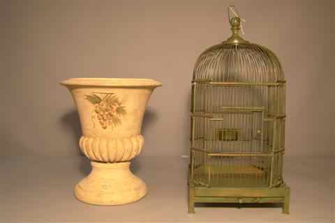 Appraisal: CERAMIC URN AND GREEN PAINTED METAL BIRD CAGE the cage