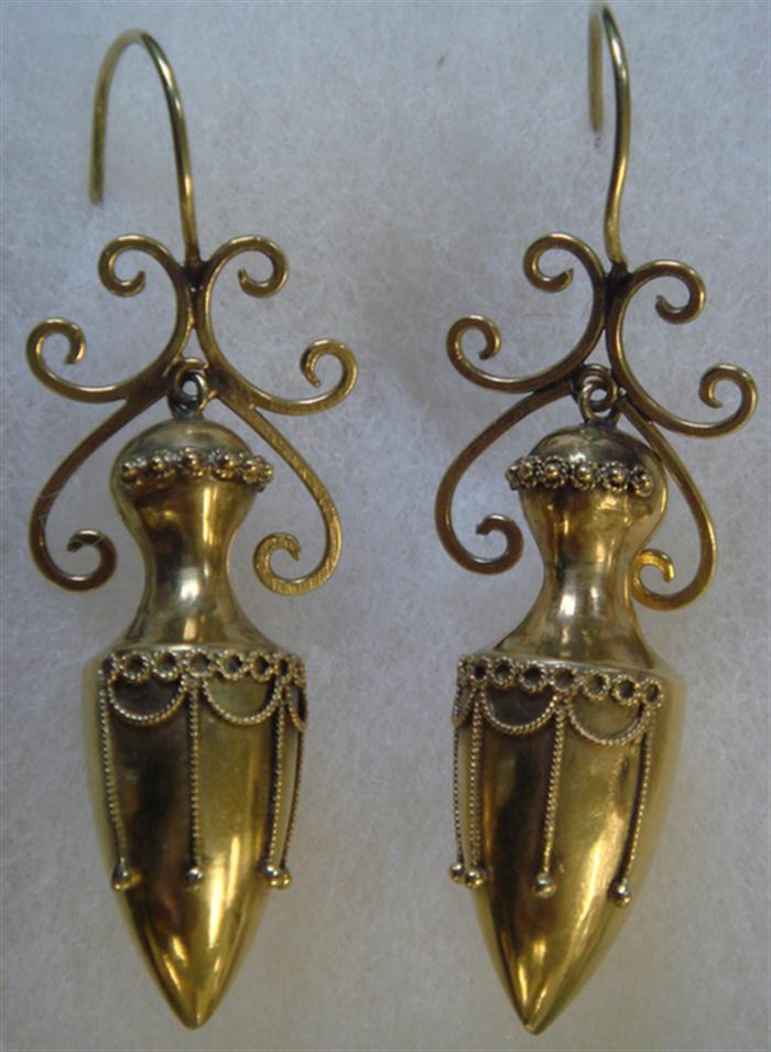 Appraisal: K yg Etruscan Drop Earrings French wires marked ct supporting