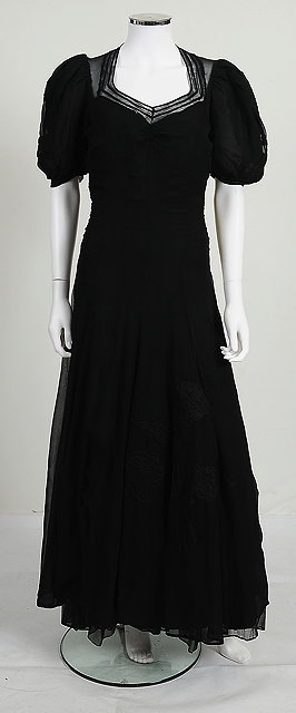 Appraisal: A S S LONG BLACK CREPE DRESS embroidered floral detailing