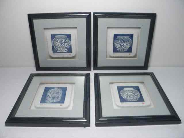 Appraisal: Four Chinese miniature woodblock prints All depict different blue and