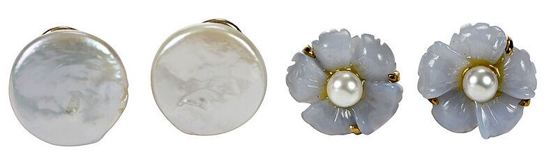 Appraisal: Two Pairs Gold Earrings carved blue chalcedony flower one pearl