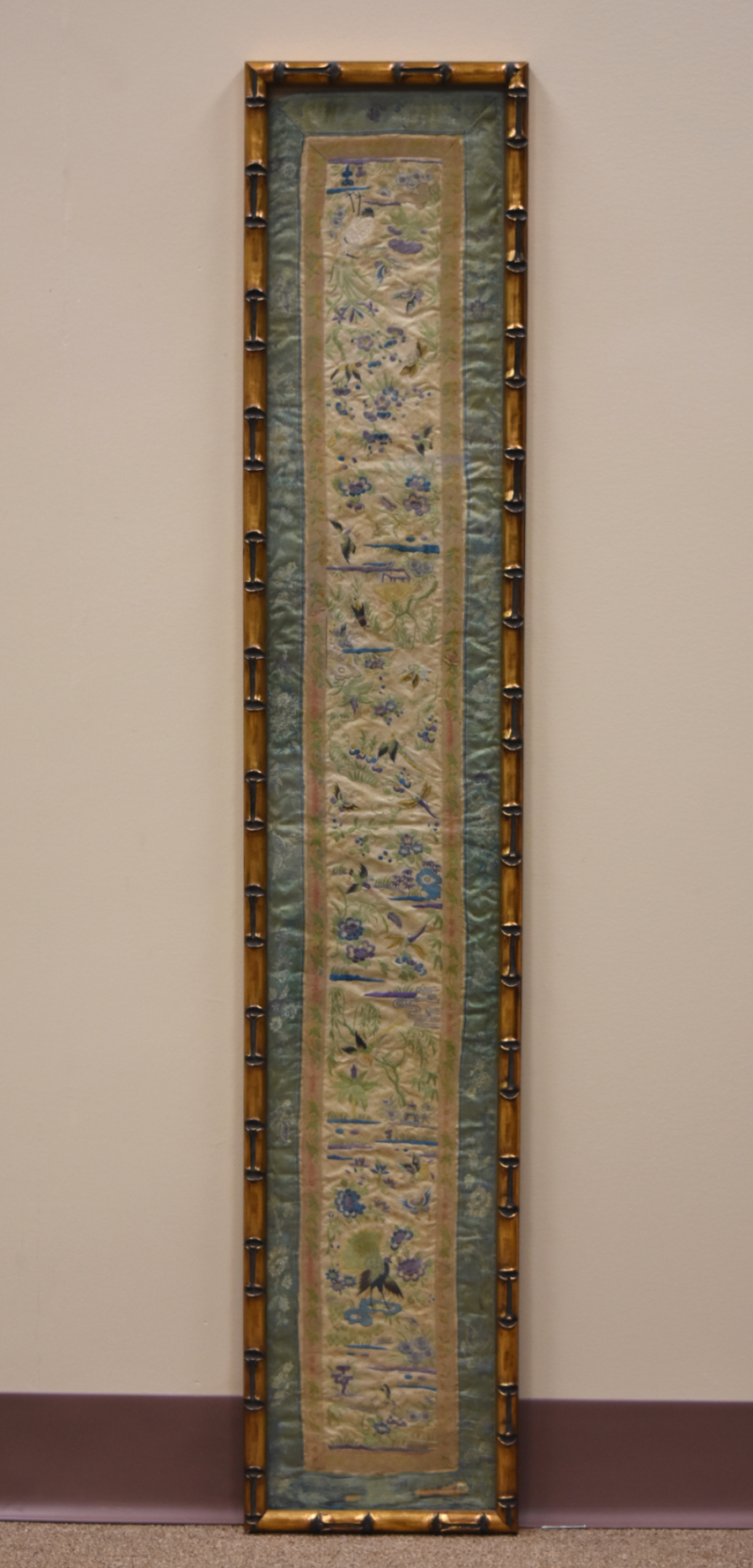 Appraisal: CHINESE SILK EMBROIDERY W BIRDS QING D A rectangular vertically