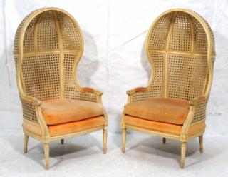 Appraisal: Pr Hooded Open Caned Decorator Wing Chairs Dome form Cream