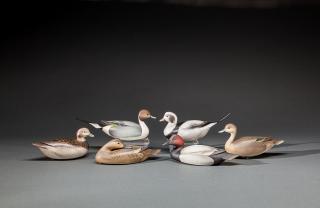 Appraisal: Six Miniature Decoys A pair of long-tailed ducks by Sean