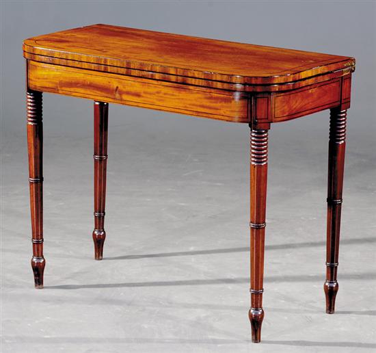 Appraisal: English inlaid mahogany games table circa folding top with rounded