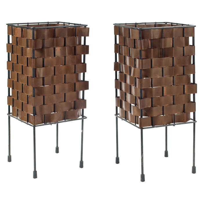 Appraisal: s table lamps pair black metal frames support original woven