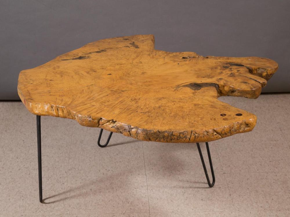 Appraisal: AMERICAN MID-CENTURY MODERN BURL SLAB COFFEE TABLE featuring a burl