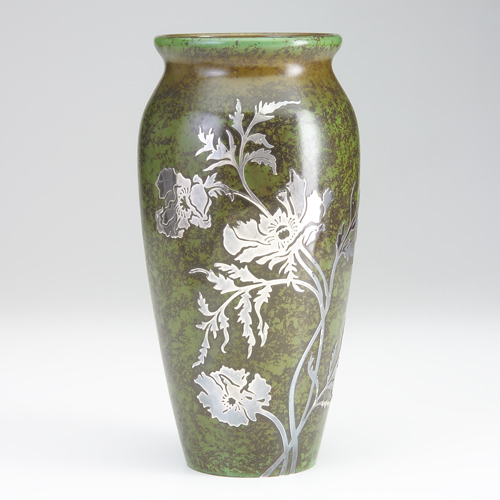 Appraisal: HEINTZ Sterling-on-Bronze large vase overlaid with poppies on a verdigris