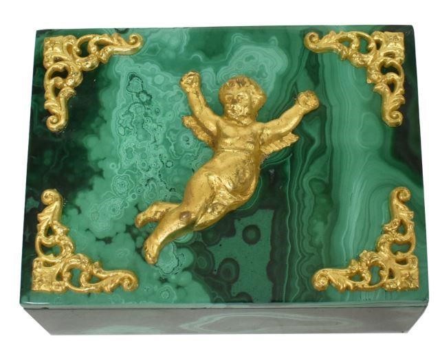 Appraisal: Small green malachite box th c lid with ormolu cupid