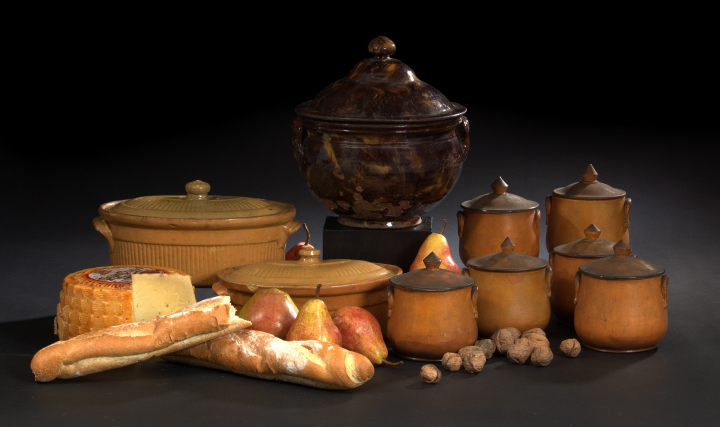 Appraisal: Suite of Six French Provincial Pumpkin-Glazed Pottery Two-Handled Lidded Soup