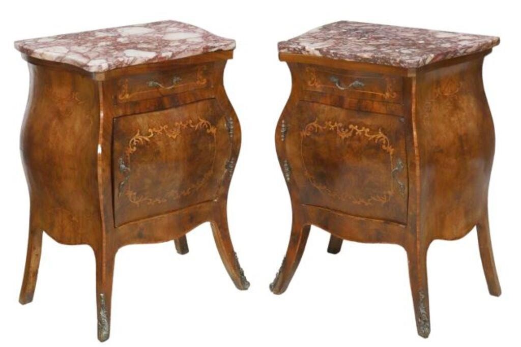 Appraisal: pair Italian Louis XV style marble-top nightstands th c walnut