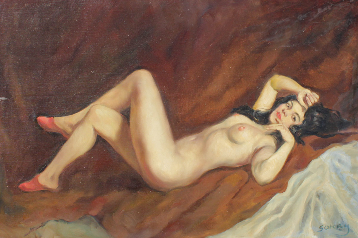 Appraisal: SOKAY RECLINING FEMALE NUDE PAINTING Oil Canvas '' x ''