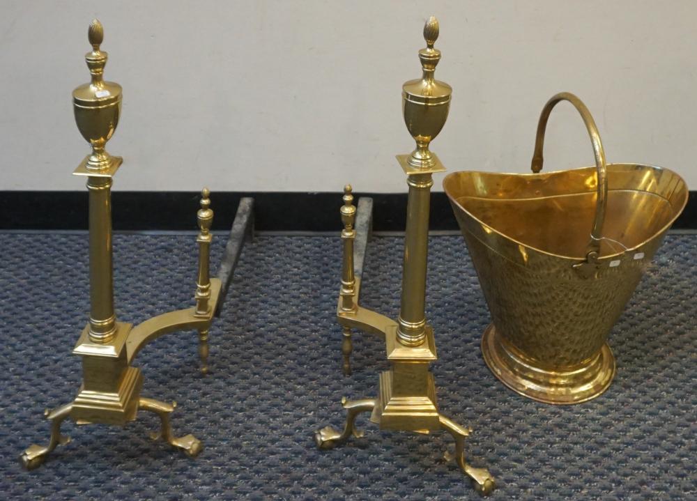 Appraisal: Pair of Federal Brass Andirons and a Brass Fuel Bucket