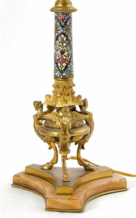 Appraisal: French champleve and ormolu candlestick converted to lamp circa enameled