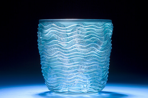 Appraisal: R LALIQUE Vase Dauphins clear and frosted with blue patina