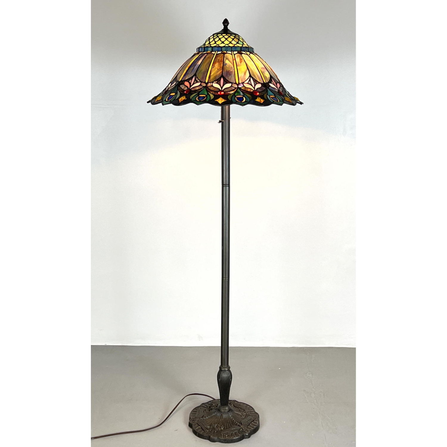 Appraisal: Tiffany style Leaded Stained Glass Floor Lamp Metal Base with