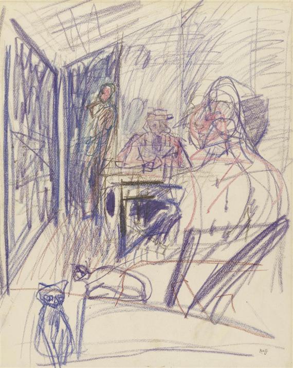 Appraisal: GUBLER MAX Zurich Interior with three figures Oil crayon and