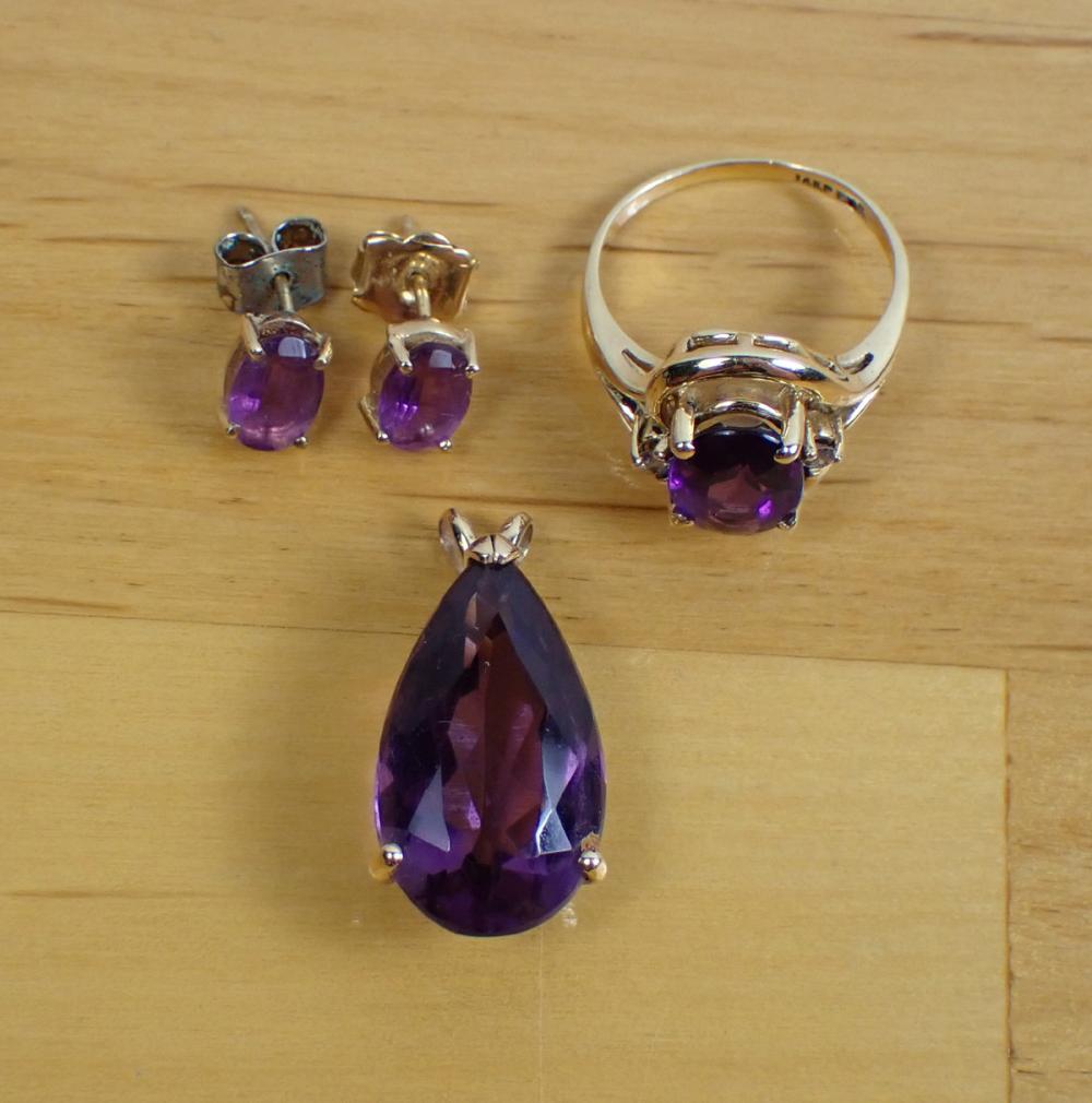 Appraisal: FOUR ARTICLES OF AMETHYST AND FOURTEEN KARAT GOLD JEWELRY including