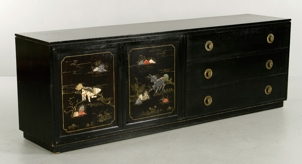 Appraisal: - Asian Lacquered Sideboard Lacquered sideboard Asia with three sliding