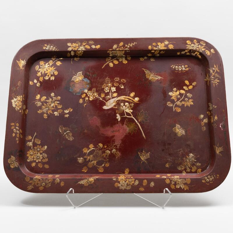 Appraisal: English Red Painted and Gilt Decorated T le Tray With