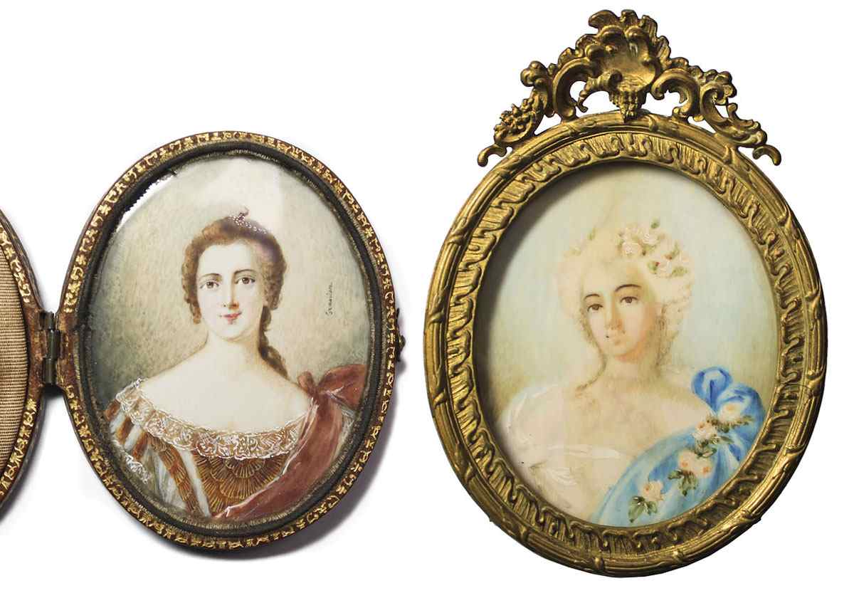 Appraisal: TWO PIECE MINIATURE IVORY PORTRAIT PAINTING LOT Madame de Pompadour