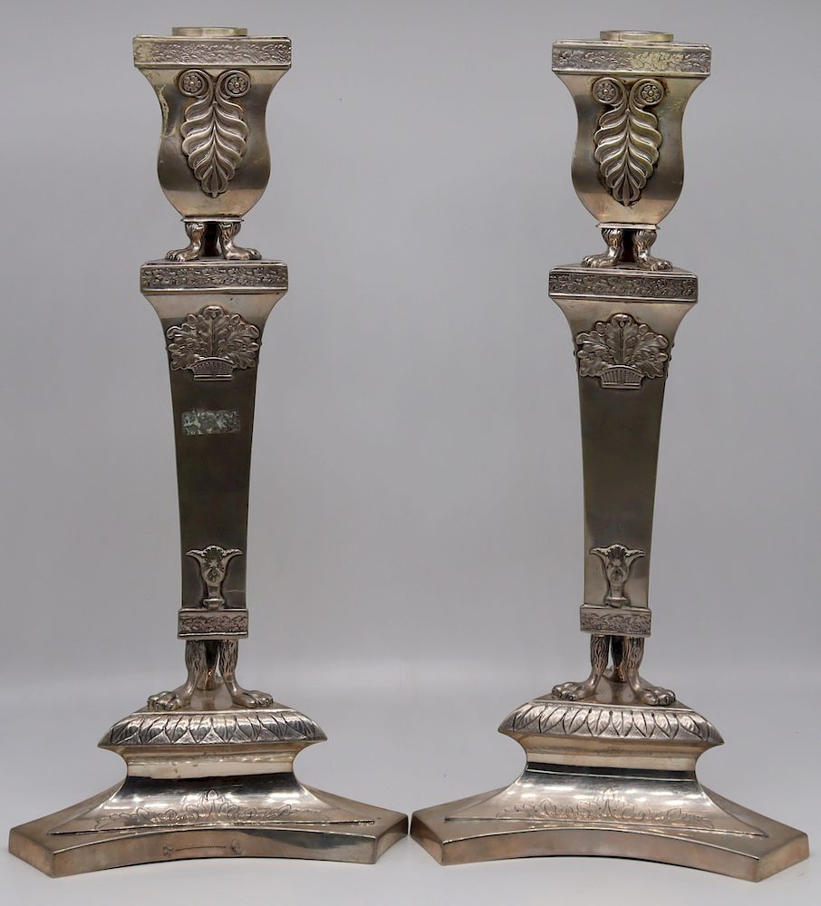 Appraisal: SILVER Antique Pr German Silver Candlesticks Includes a pair of