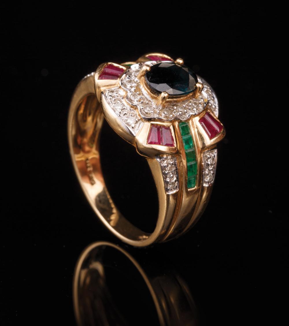 Appraisal: kt Yellow Gold Sapphire Diamond Ruby and Emerald Ring set