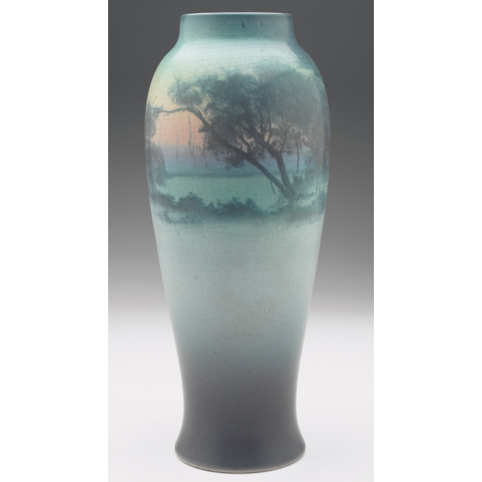 Appraisal: Rookwood vase Vellum glaze with a scenic landscapedecoration nicely painted