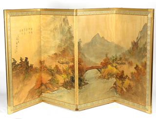 Appraisal: Japanese Four Japanese four panel screen autumn landscape of mountains