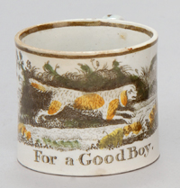 Appraisal: TRANSFER-DECORATED SOFT PASTE CHILD'S MUG th CenturyFor a Good Boy