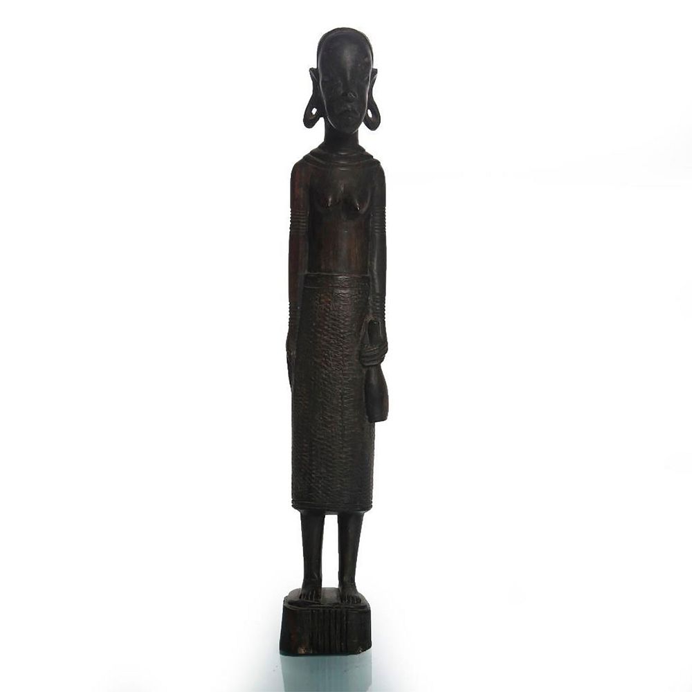 Appraisal: AFRICAN WOOD SCULPTURE OF WOMAN HOLDING JUG Hand carved from