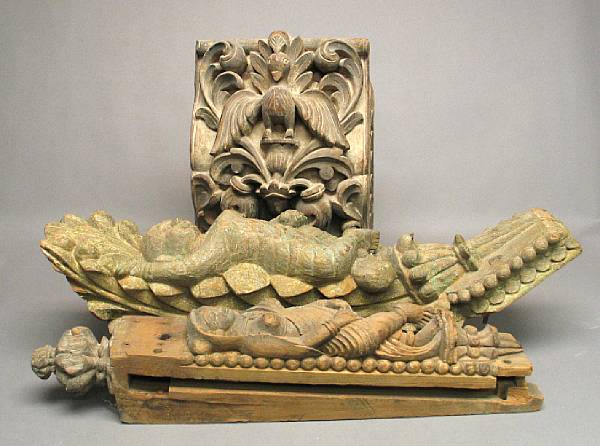 Appraisal: A group of four Indian carved wood architectural elements Including