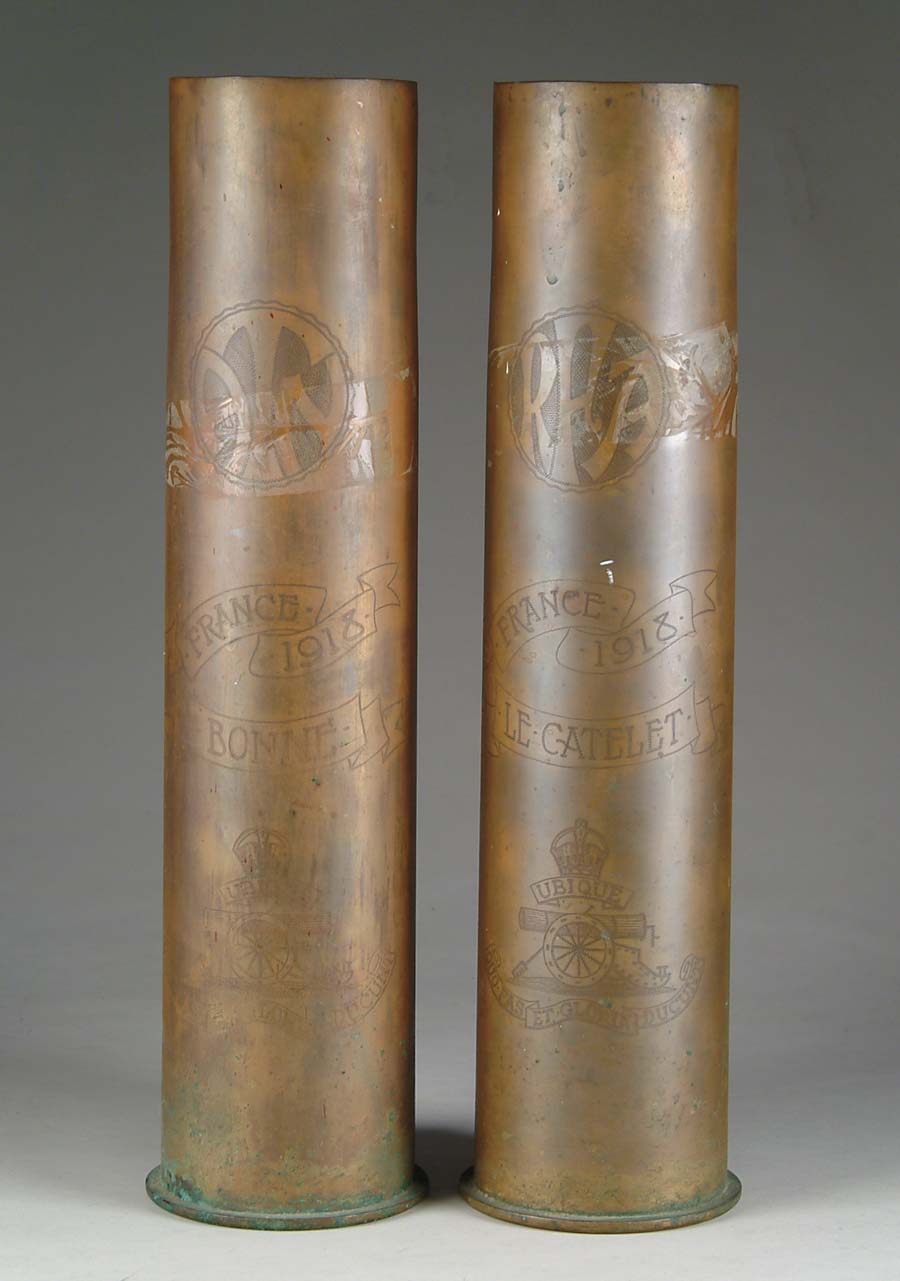 Appraisal: TWO EMPTY MM GERMAN BRASS ARTILLERY SHELL CASES Both shell