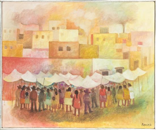 Appraisal: Pescina Aurelio Mexico - Figures under a tent with buildings