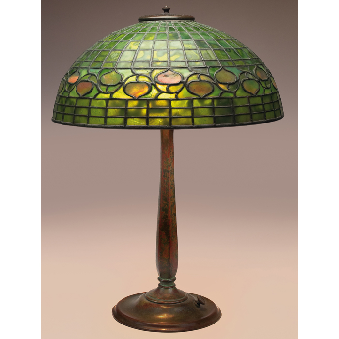 Appraisal: Tiffany Studios lamp bronze stick base supporting a green leaded