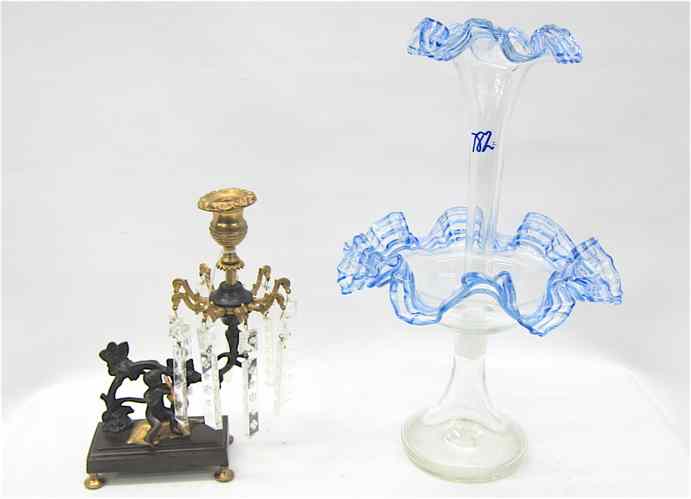 Appraisal: GILT METAL CANDLESTICK AN ART GLASS EPERGNE pieces The figural