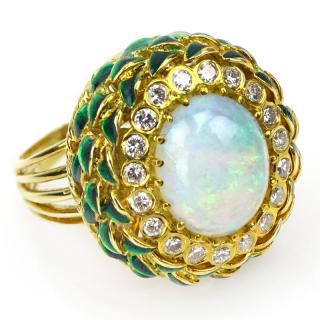 Appraisal: Cabochon Opal Round Brilliant Cut Diamond Enamel and Karat Yellow