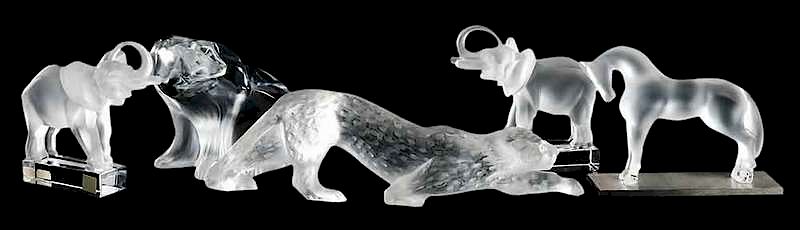 Appraisal: Five Lalique Glass Animal Figures jaguar bear pair elephants horse