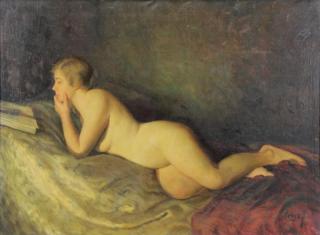 Appraisal: HENCZ F Oil on Canvas Reclining Nude with Book Signed