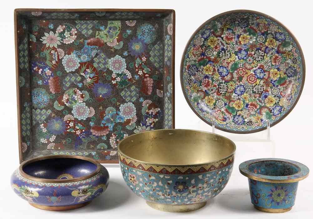 Appraisal: CLOISONNE GROUP-of five examples Chinese th and th Centuries Good