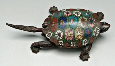 Appraisal: Bronze champlev turtle well-modeled champlev shell lifts to ash compartment