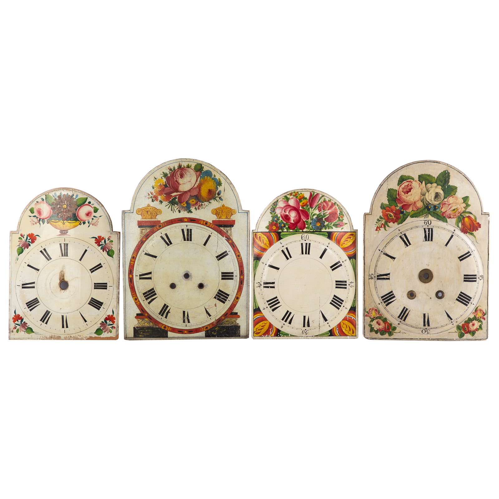 Appraisal: FOUR PAINTED WOOD CLOCK FACES th century probably continental shaped