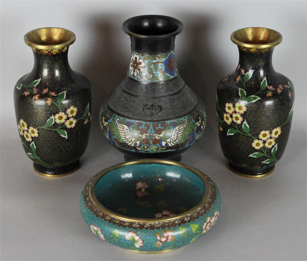 Appraisal: GROUP OF FOUR CHINESE CLOISONNE ENAMEL OBJECTS including a vase