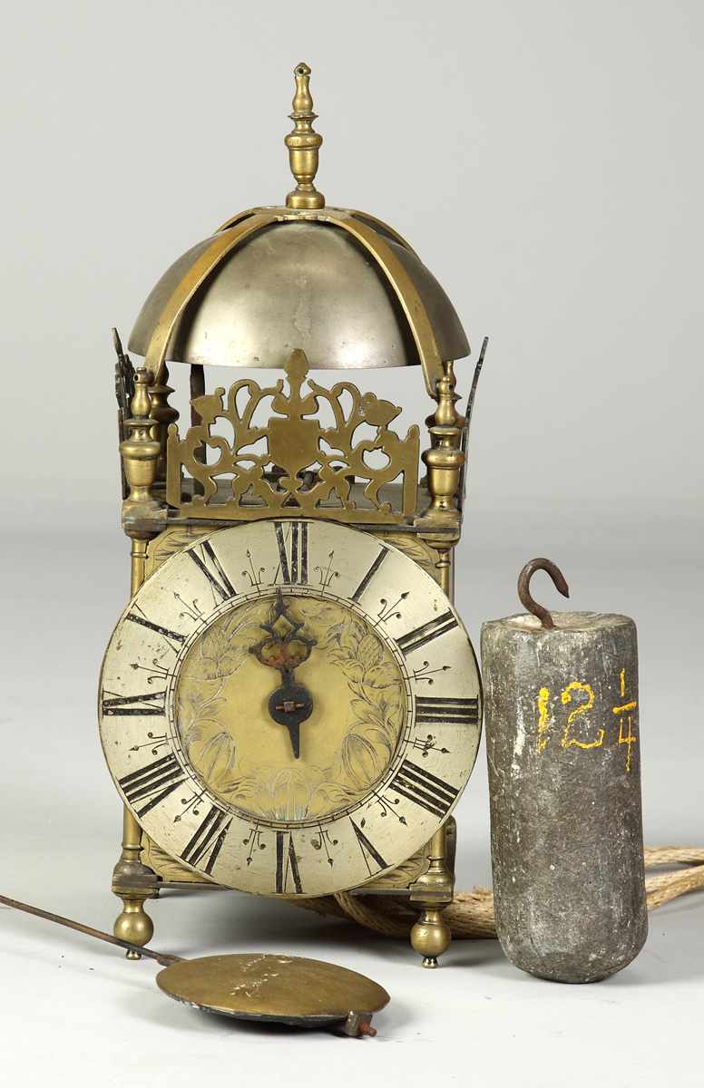 Appraisal: Early Hand Brass Lantern Clock Engraved brass case Silvered dial