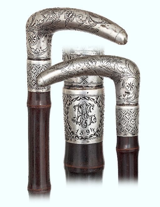 Appraisal: Silver Day Cane -Ca -Large L-shaped silver handle with a