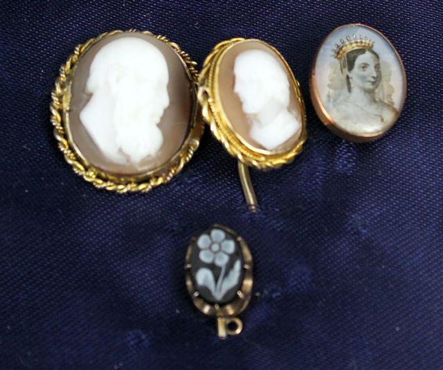 Appraisal: GROUP OF FOUR VICTORIAN GOLD STICK PINS comprising two cameos