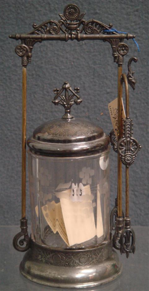 Appraisal: Plated silver Victorian pickle jar clear etched grape paneled insert