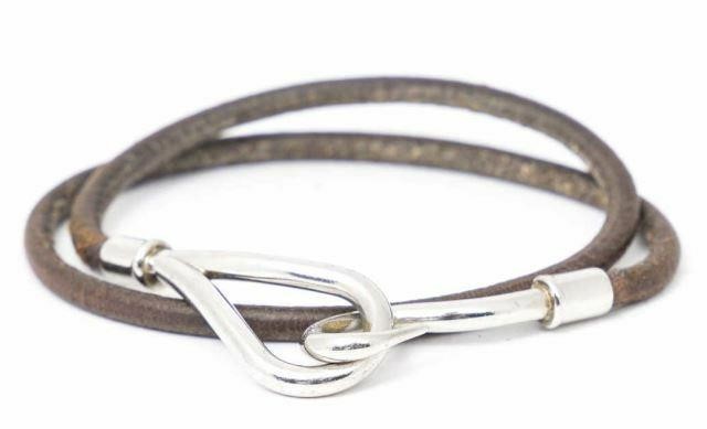 Appraisal: Hermes Jumbo Double Tour bracelet brown leather cord with palladium-plated