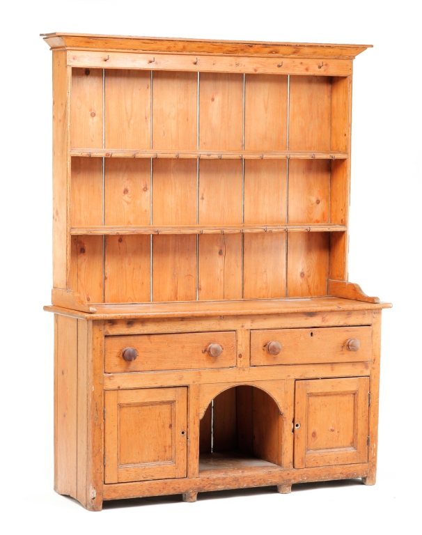 Appraisal: First half- th century pine Two piece open pewter cupboard